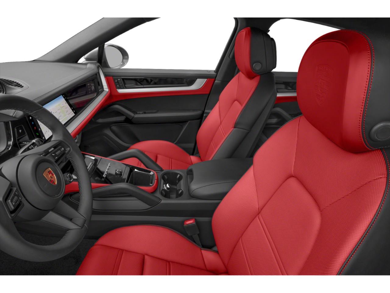 Red leather sport seats and digital dashboard in luxury car interior