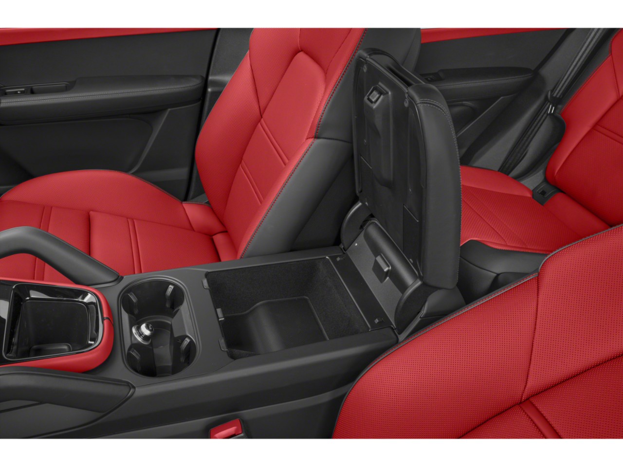 Premium red leather seats with open center console storage and cup holders
