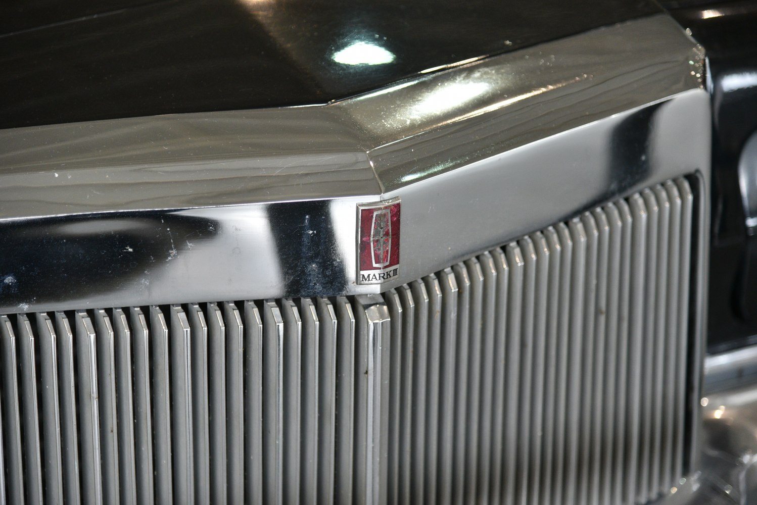 Close-up of vertical grille and emblem with metallic detailing