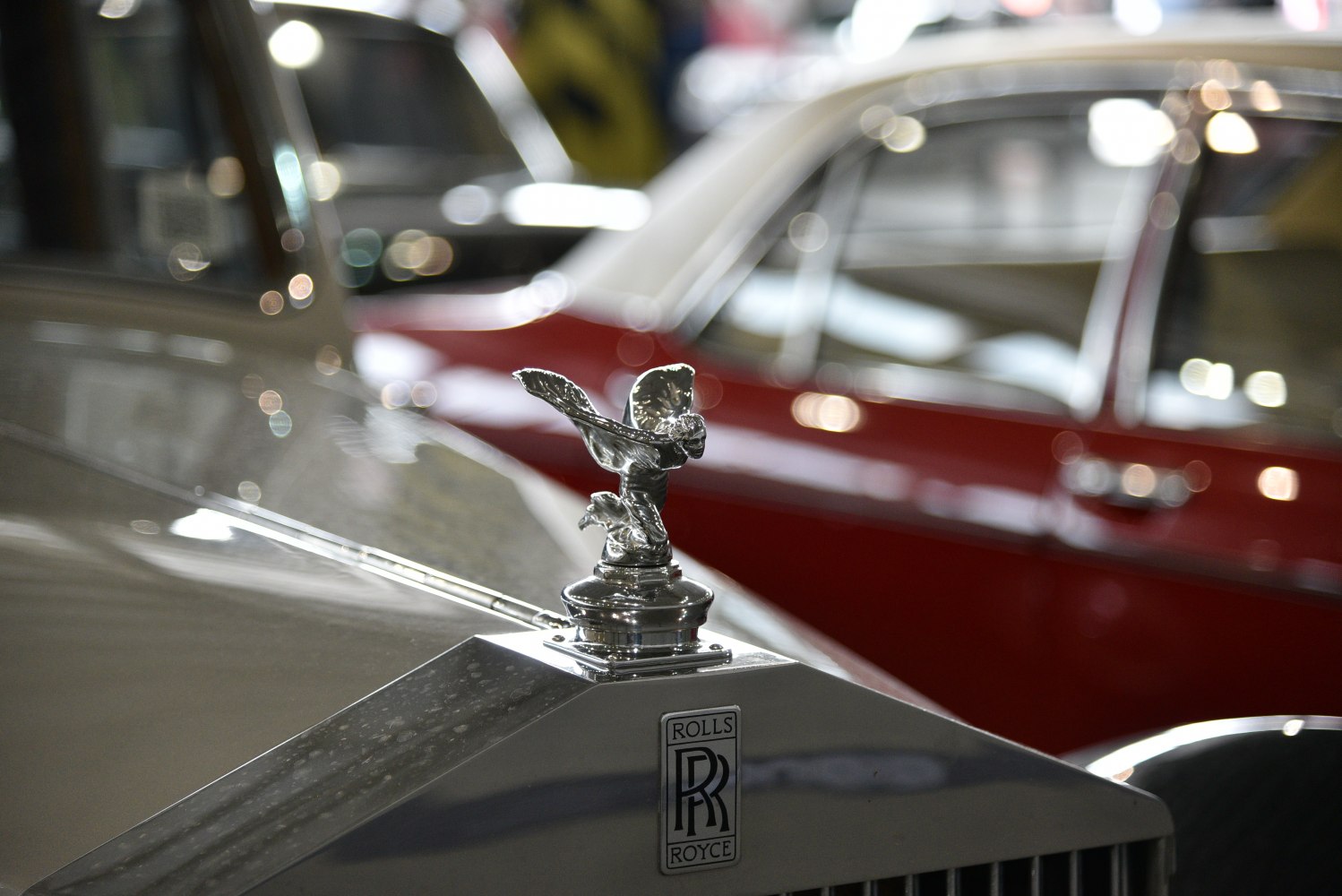Chrome hood ornament and radiator grille detail with Rolls-Royce emblem
