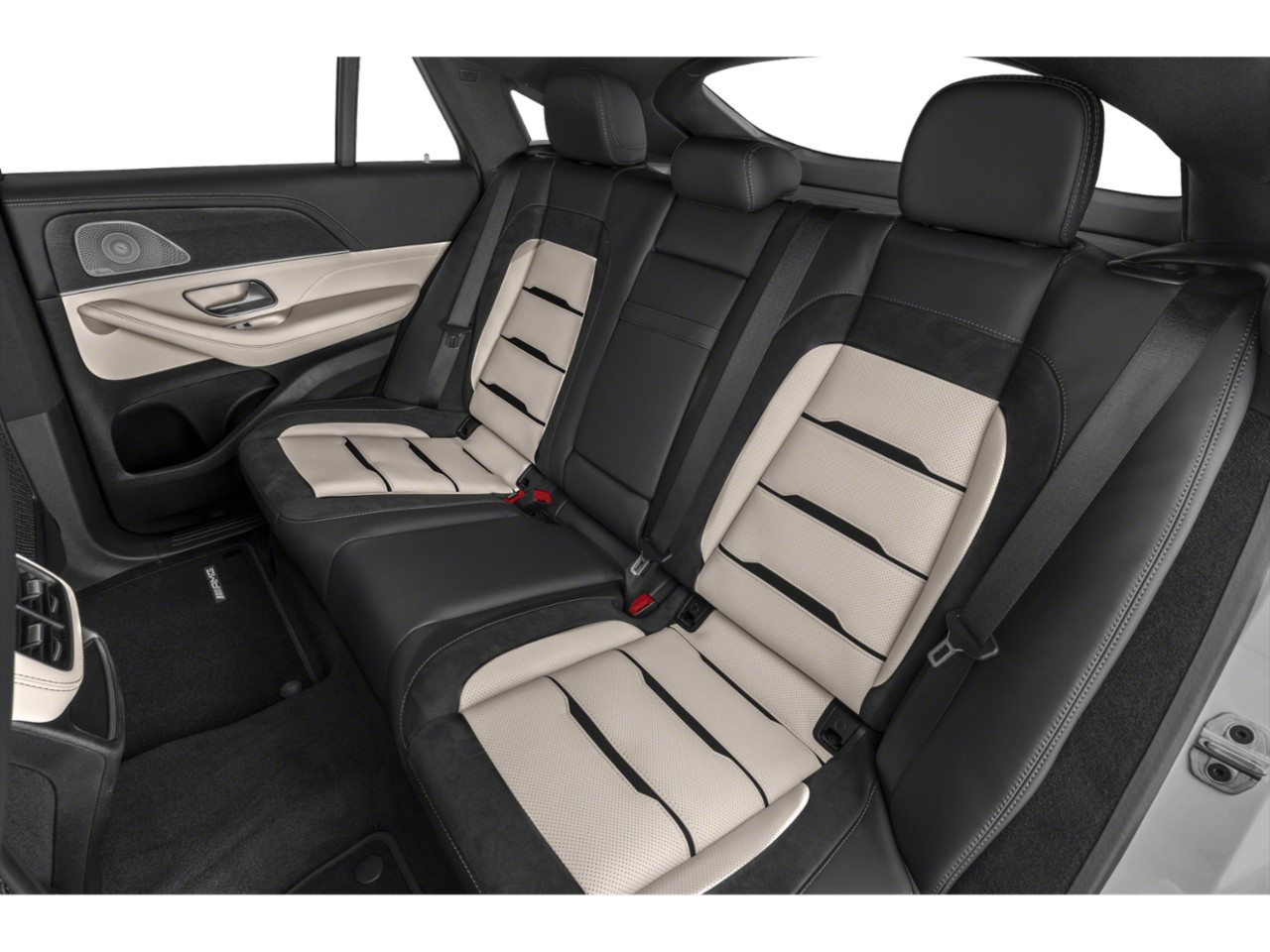 Rear seat interior with two-tone leather and headrests.