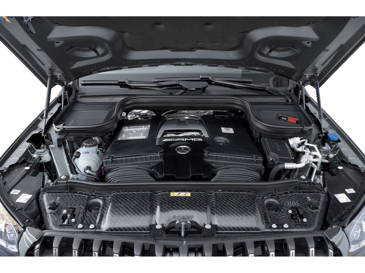 AMG engine compartment with advanced components and carbon fiber trim