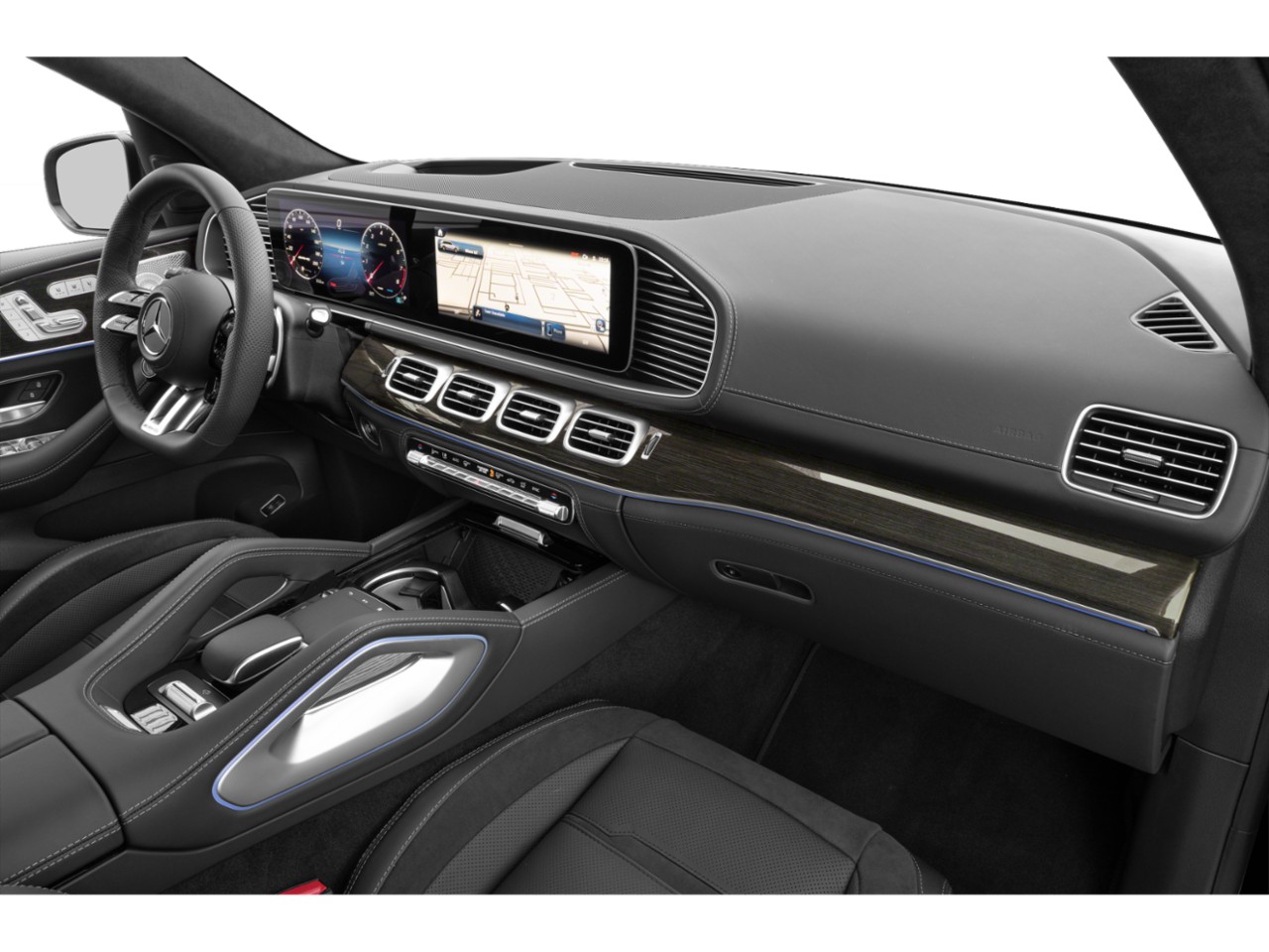 Dual digital dashboard displays and high-tech control panel in luxury car interior