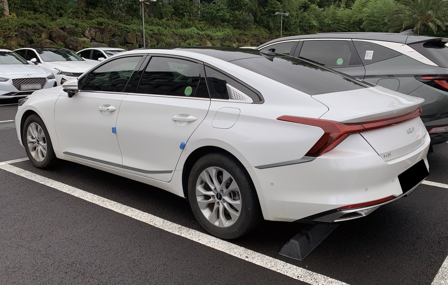 Rear side view of a modern white sedan with panoramic roof and integrated taillights