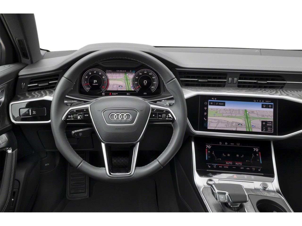 Digital dashboard and dual touchscreen center console with multifunction steering wheel