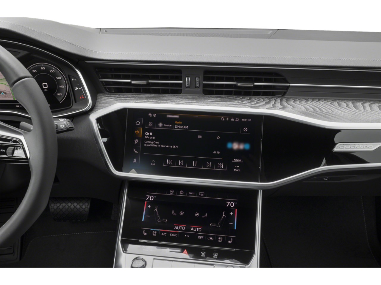 Digital instrument cluster and dual touchscreen infotainment center