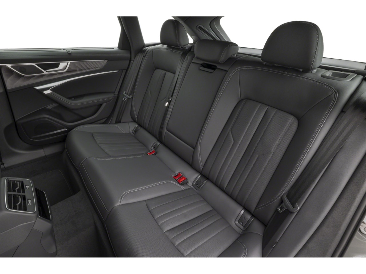 Black leather rear seats with detailed stitching and modern door panel