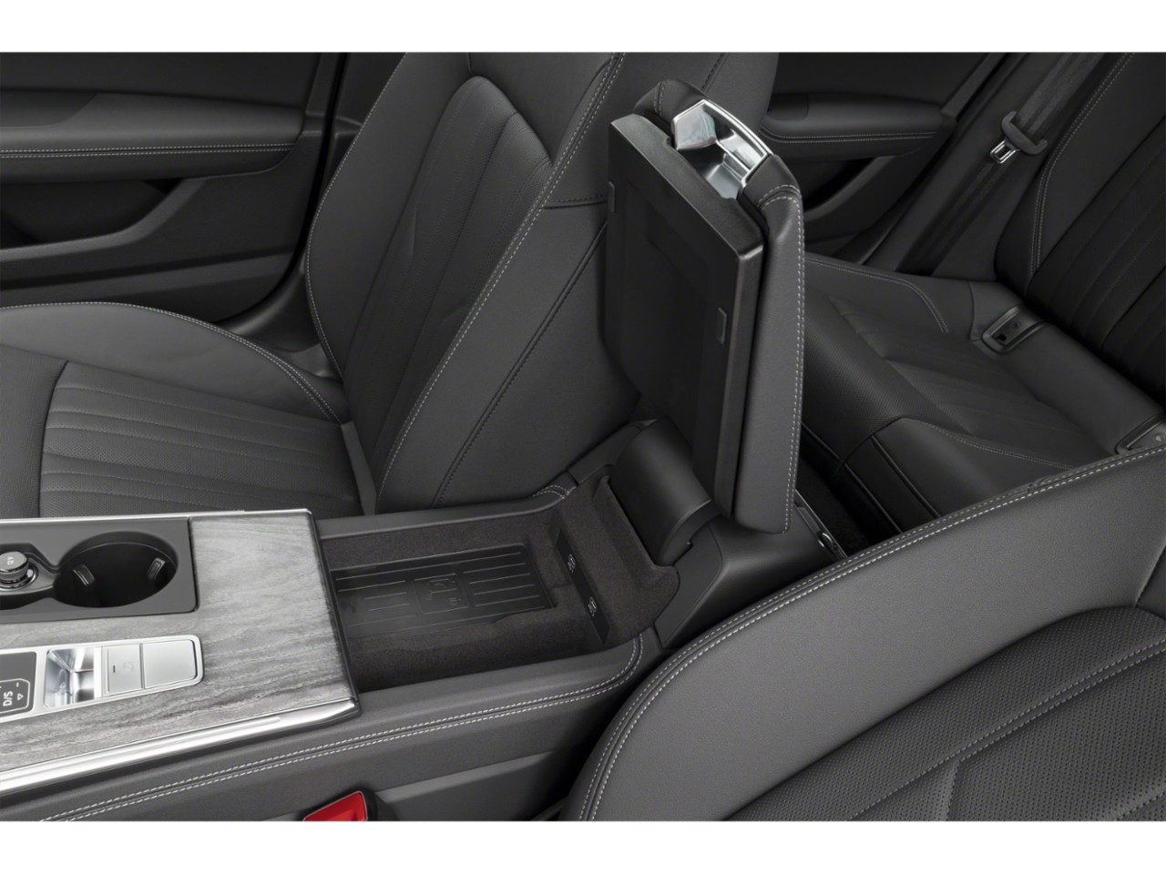 Close-up interior center console and armrest with storage compartment