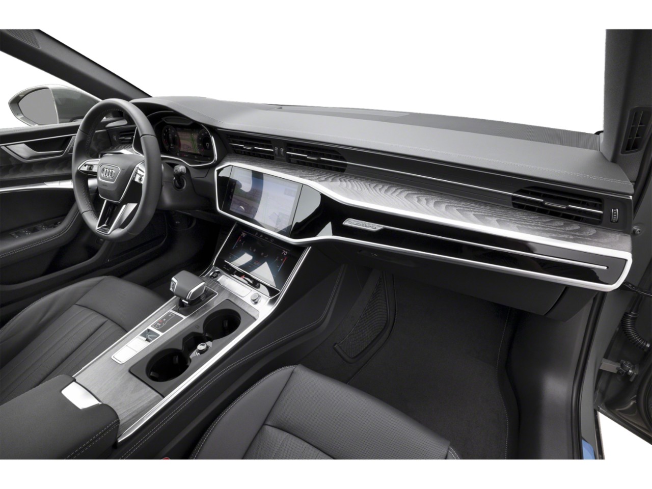 Modern interior dashboard and center console with digital displays and wood grain trim