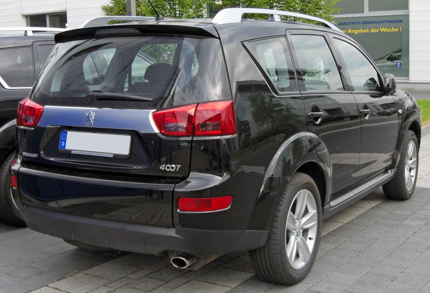 Rear side view with taillights, rear window, and SUV body design