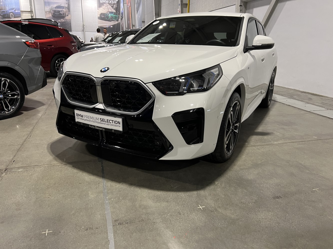 White car front with distinctive kidney grille and LED headlights