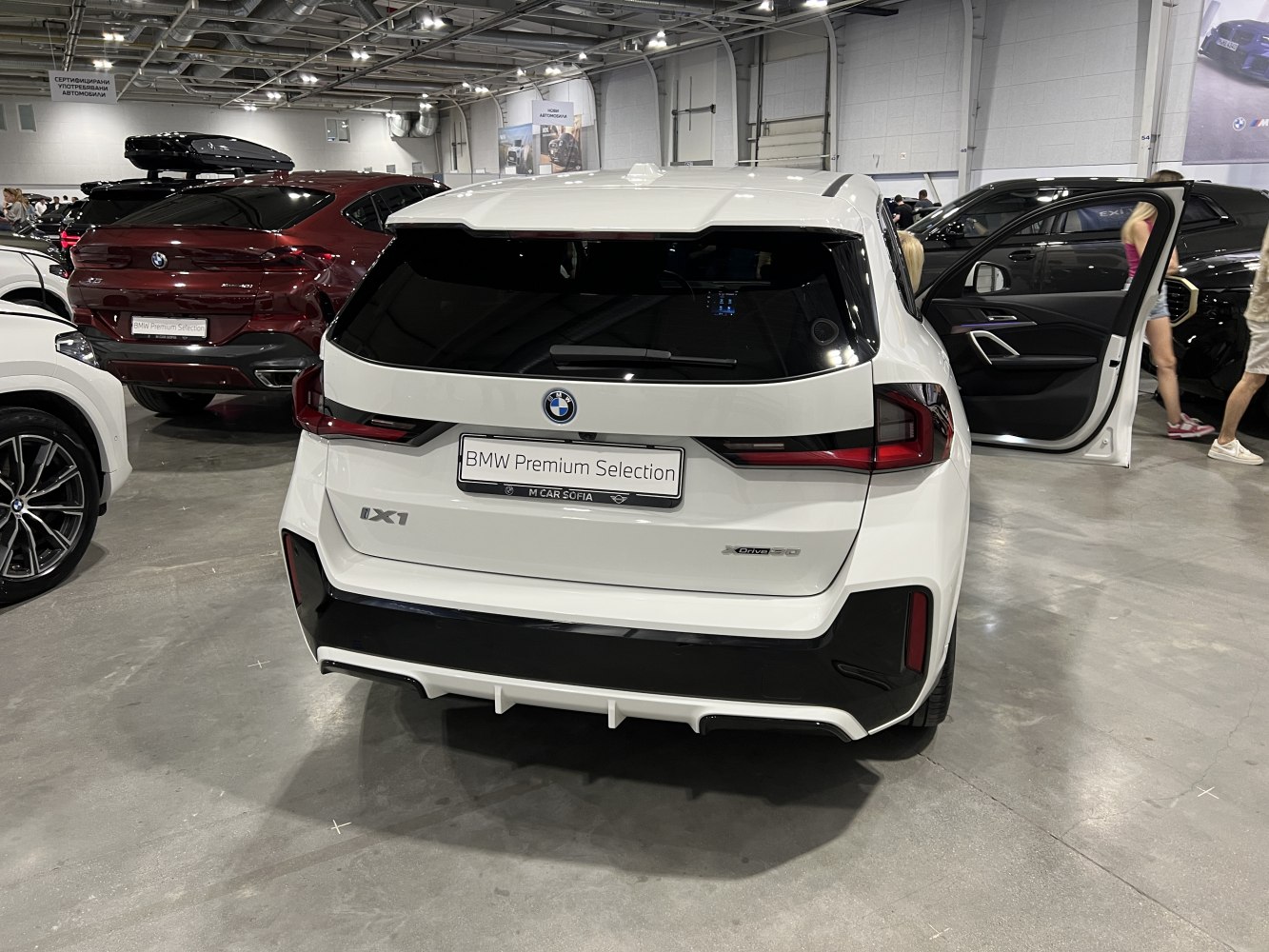 Rear view of modern electric SUV with taillights and open door