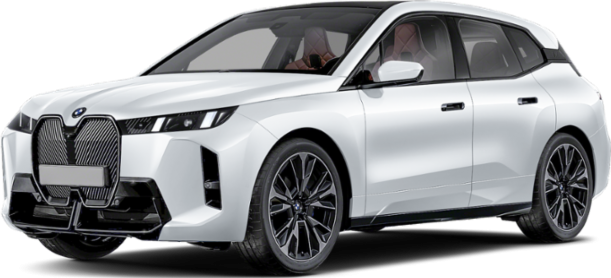 White electric SUV front 3/4 view with prominent grille and sleek headlights