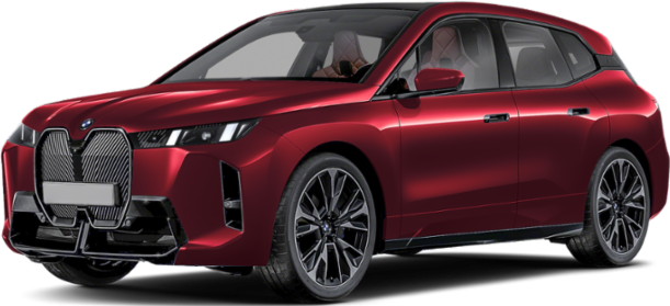 Front exterior of a red electric luxury SUV with LED headlights and aerodynamic styling