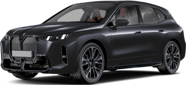 Front side view of black electric SUV with large kidney grille and sleek headlights