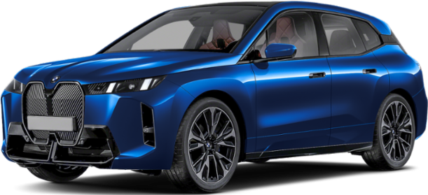 Futuristic electric SUV with large front grille and sharp LED headlights