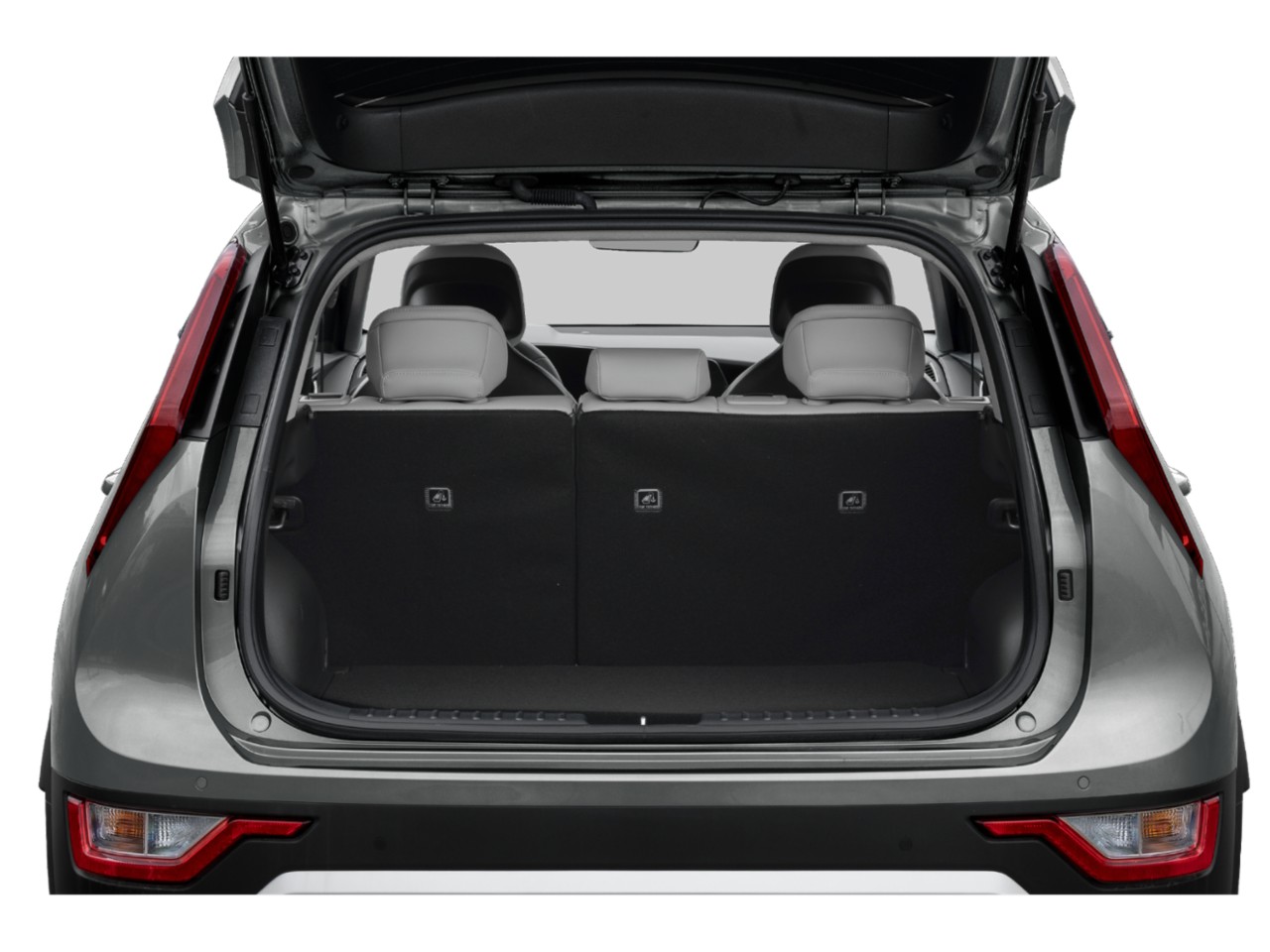 Spacious rear trunk with folded rear seats and open hatch