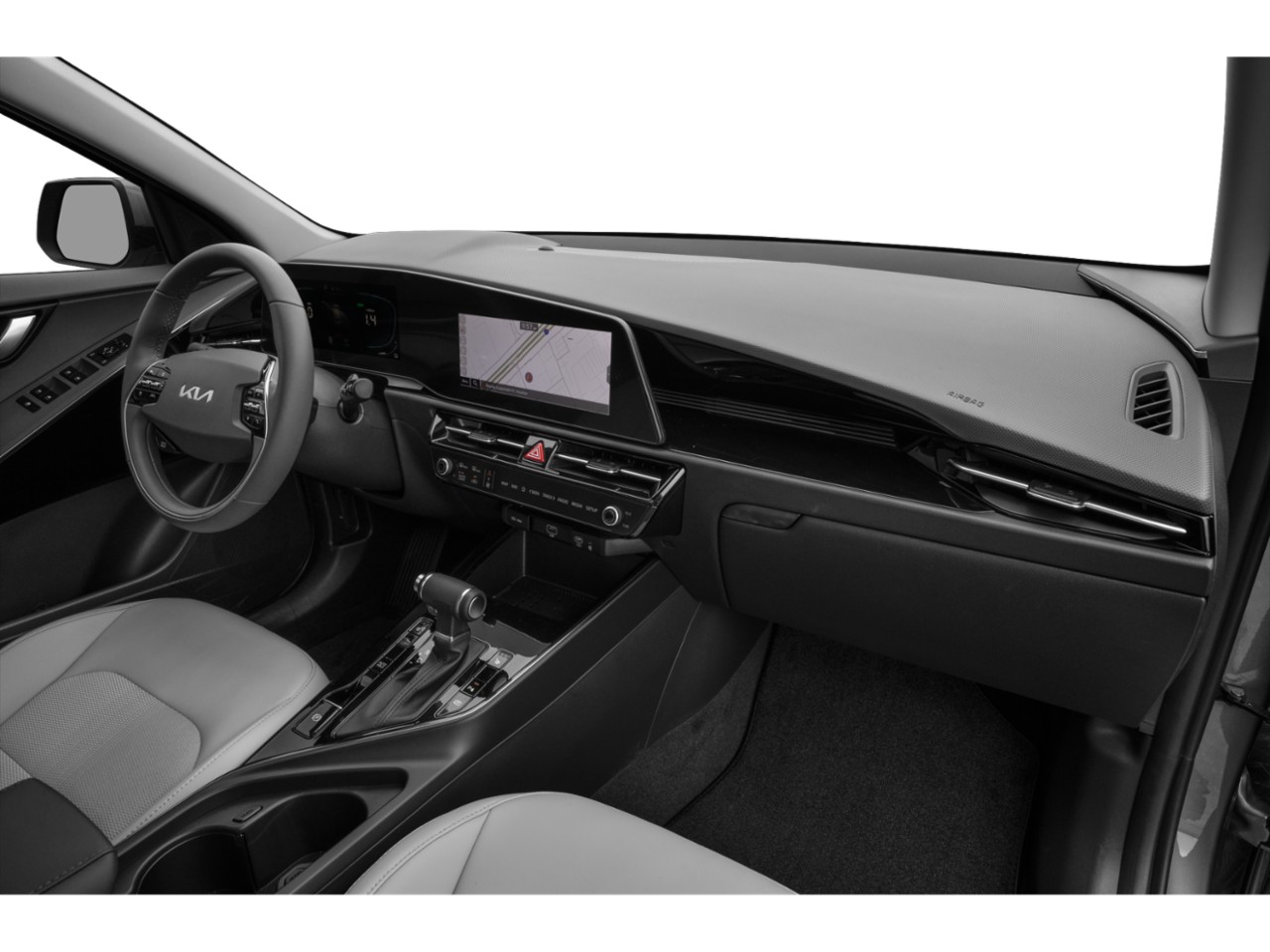 Modern car interior with digital instrument cluster and touchscreen navigation.