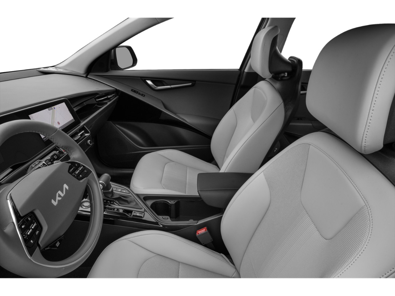 Modern car interior with digital cockpit and leather seats