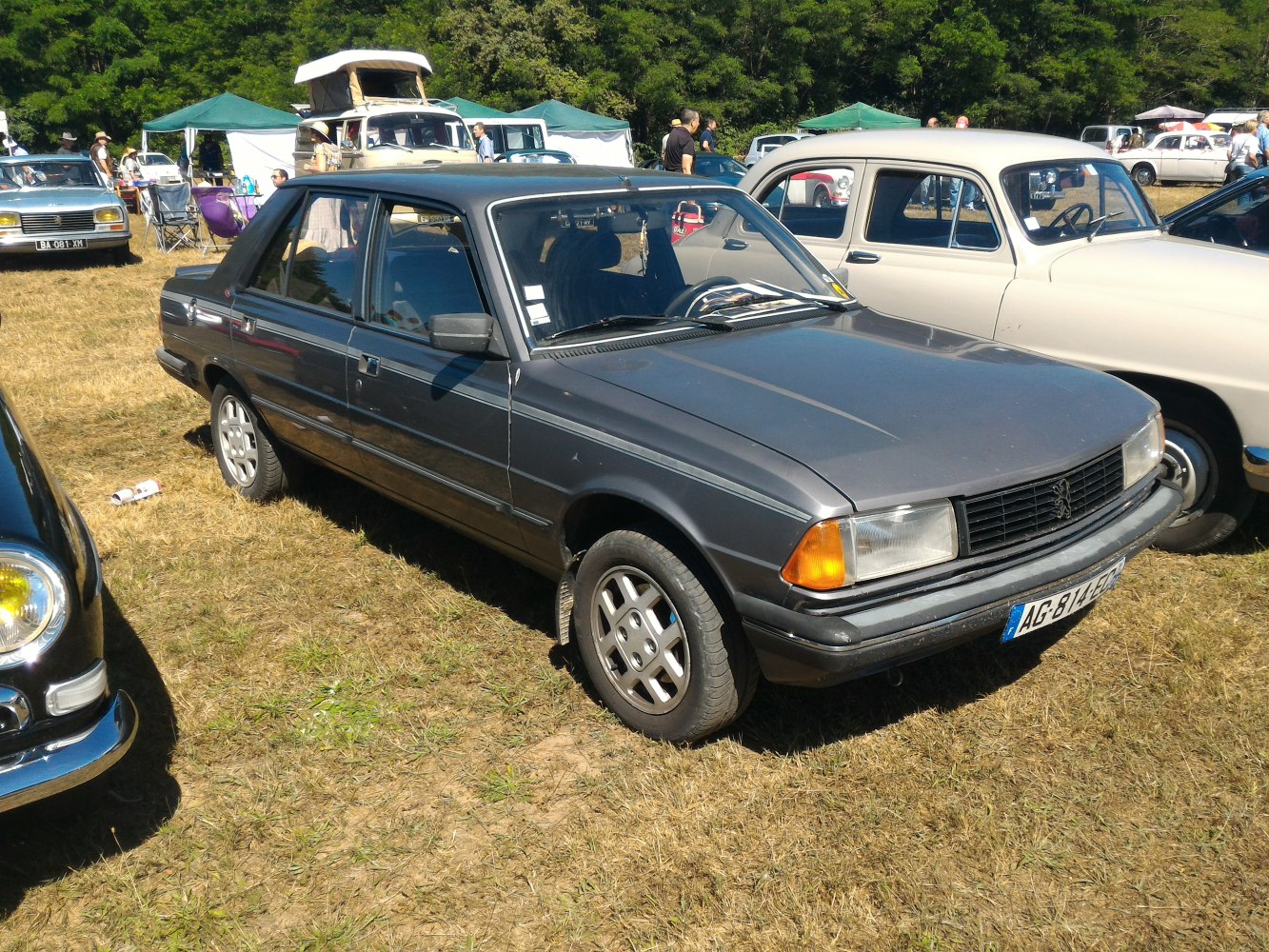 Vintage sedan with rectangular headlights and alloy wheels on grass at event