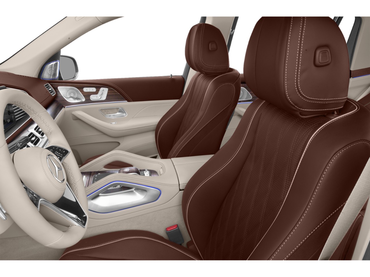 Luxury brown leather seats with white stitching and ambient lighting