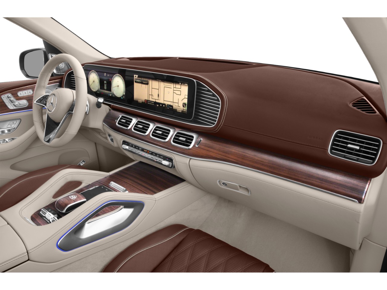 Luxury SUV dashboard with digital display, wood trim, and ambient lighting