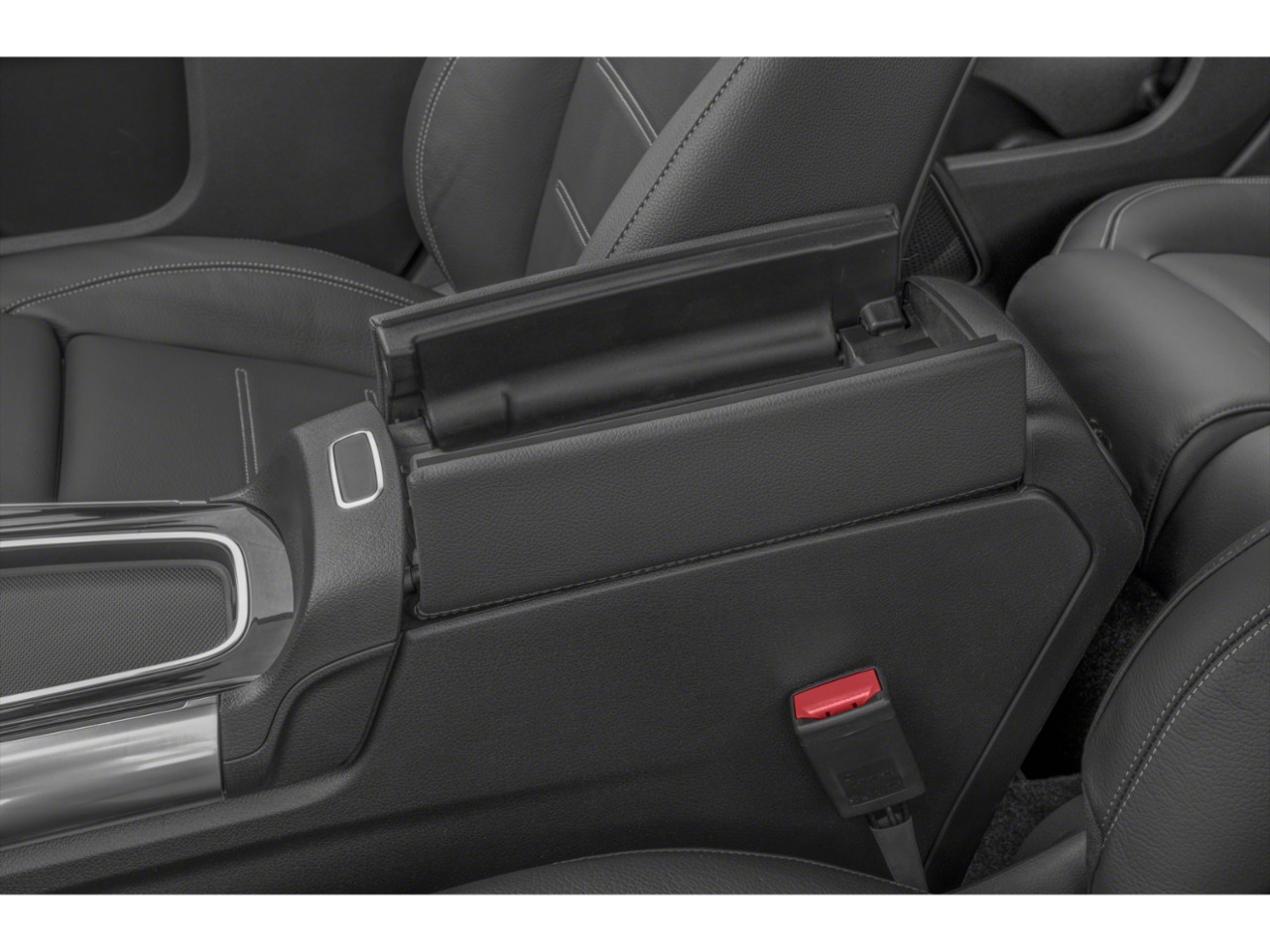 Center console armrest with storage compartment in black leather upholstery