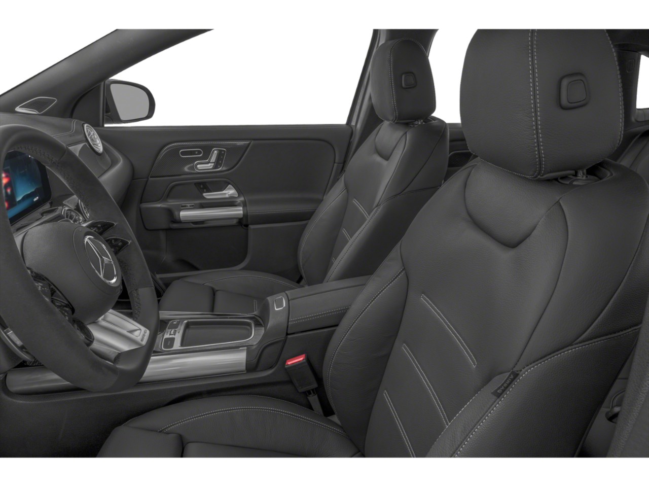 Black leather seats with stitching and a modern dashboard interior