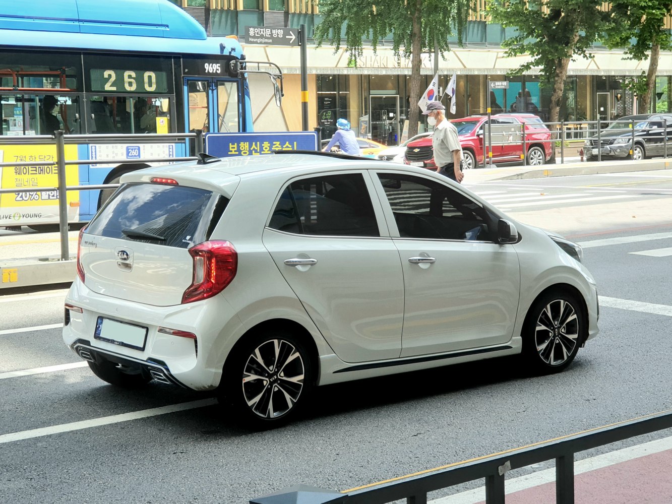 Rear and side view of white compact hatchback with alloy wheels