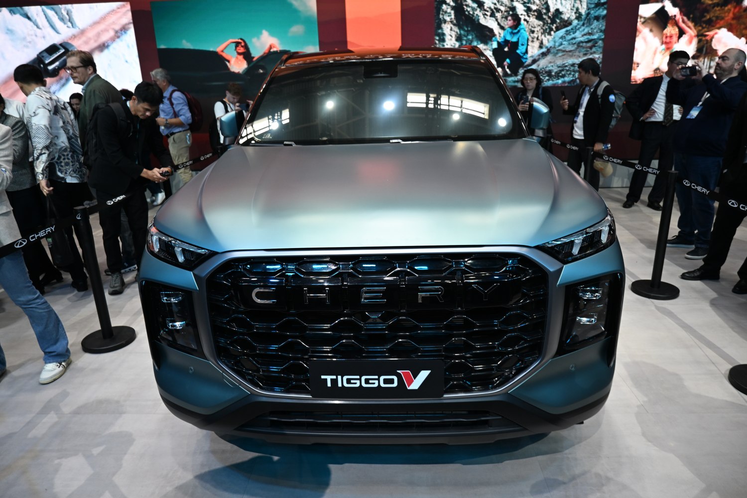 Close-up of bold front grille and sleek headlights