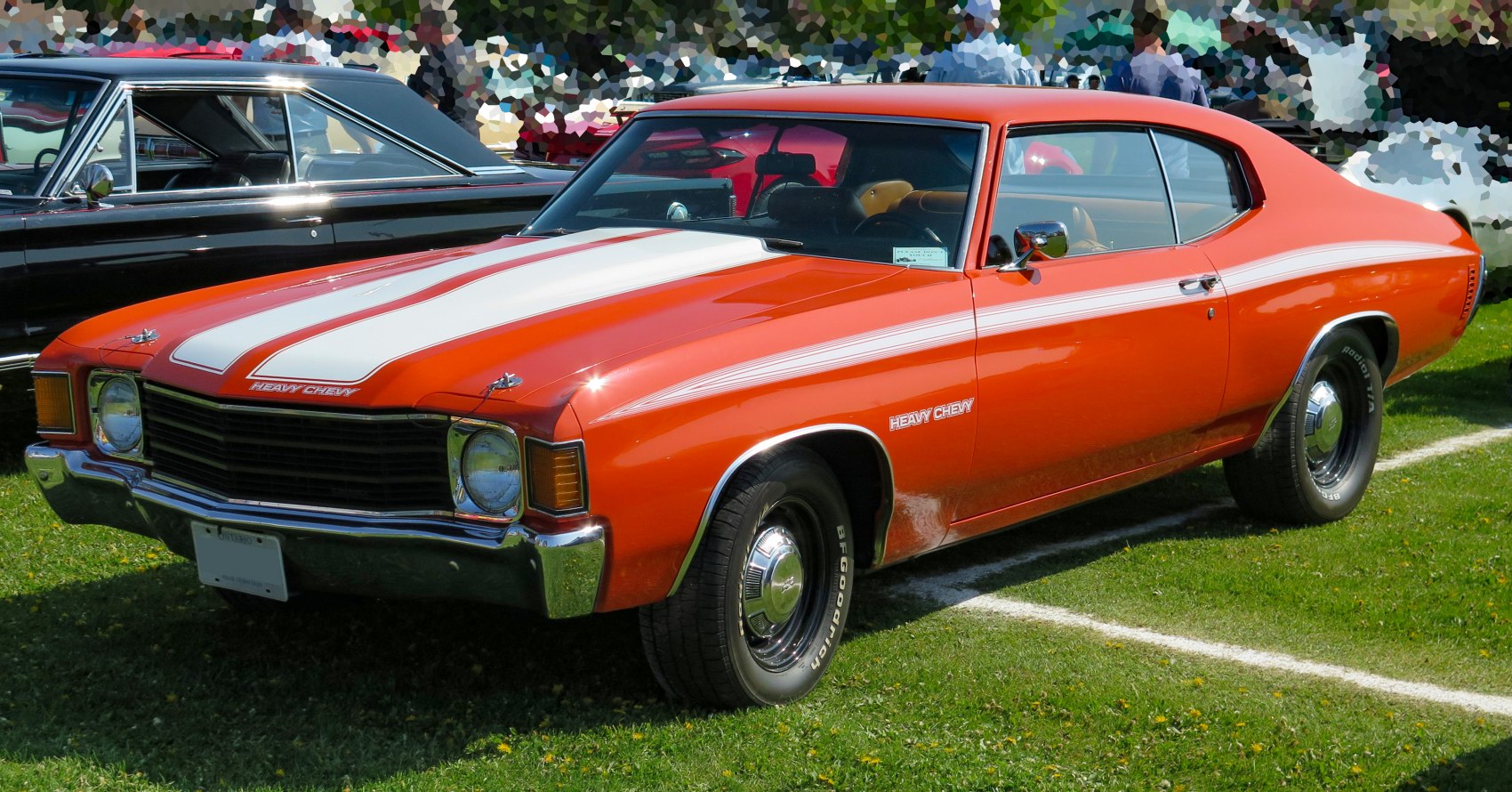 Vintage sport coupe with racing stripes and muscular body