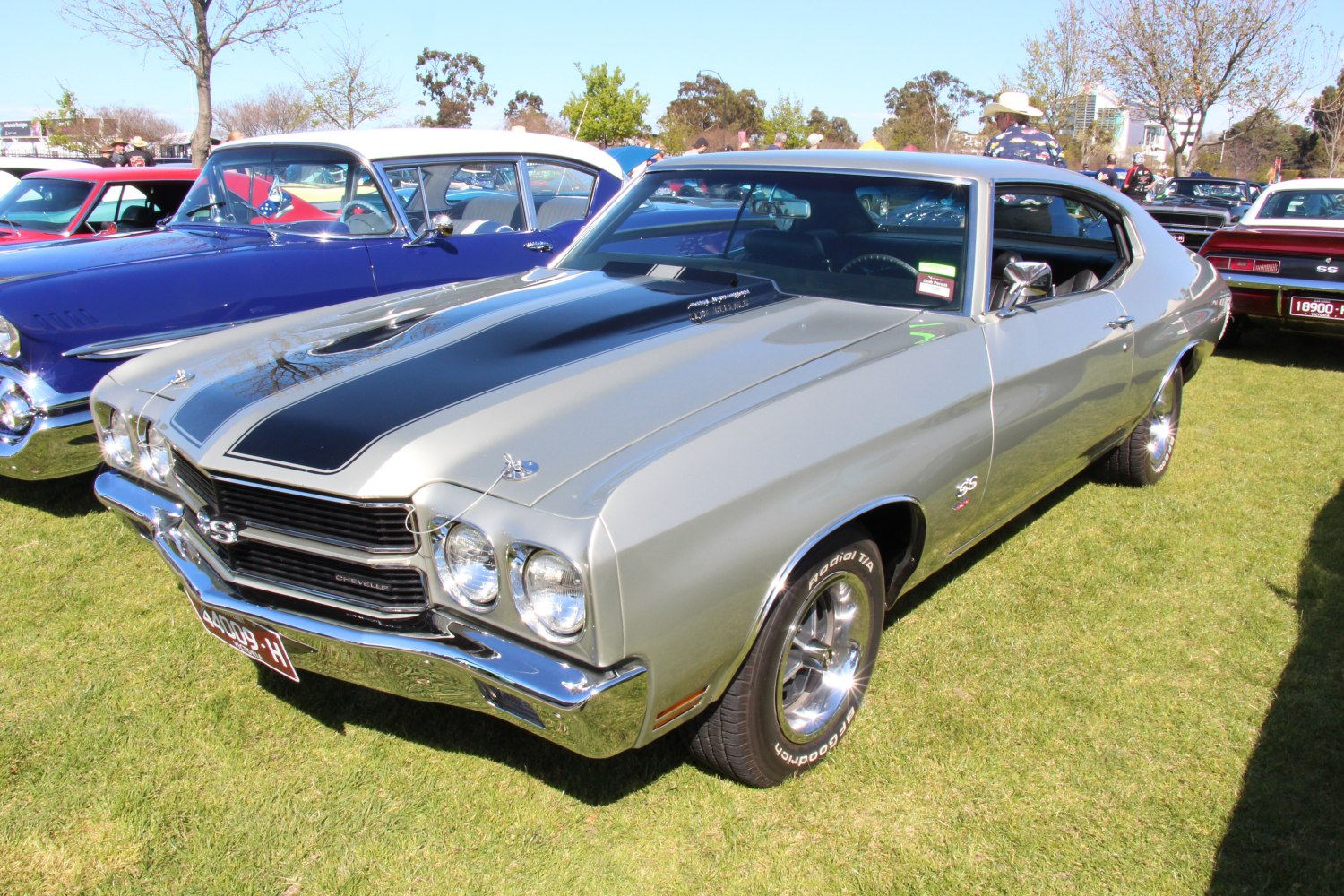 Muscle car front view with hood scoop and SS badging
