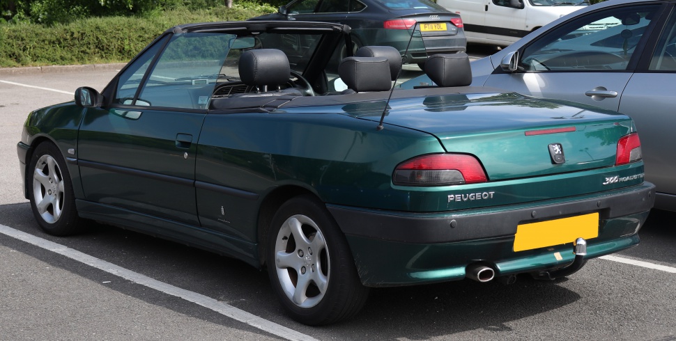 Rear view of a convertible with open roof and alloy wheels.