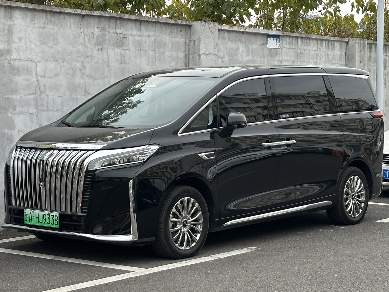 Luxury minivan with large vertical chrome grille and sleek body