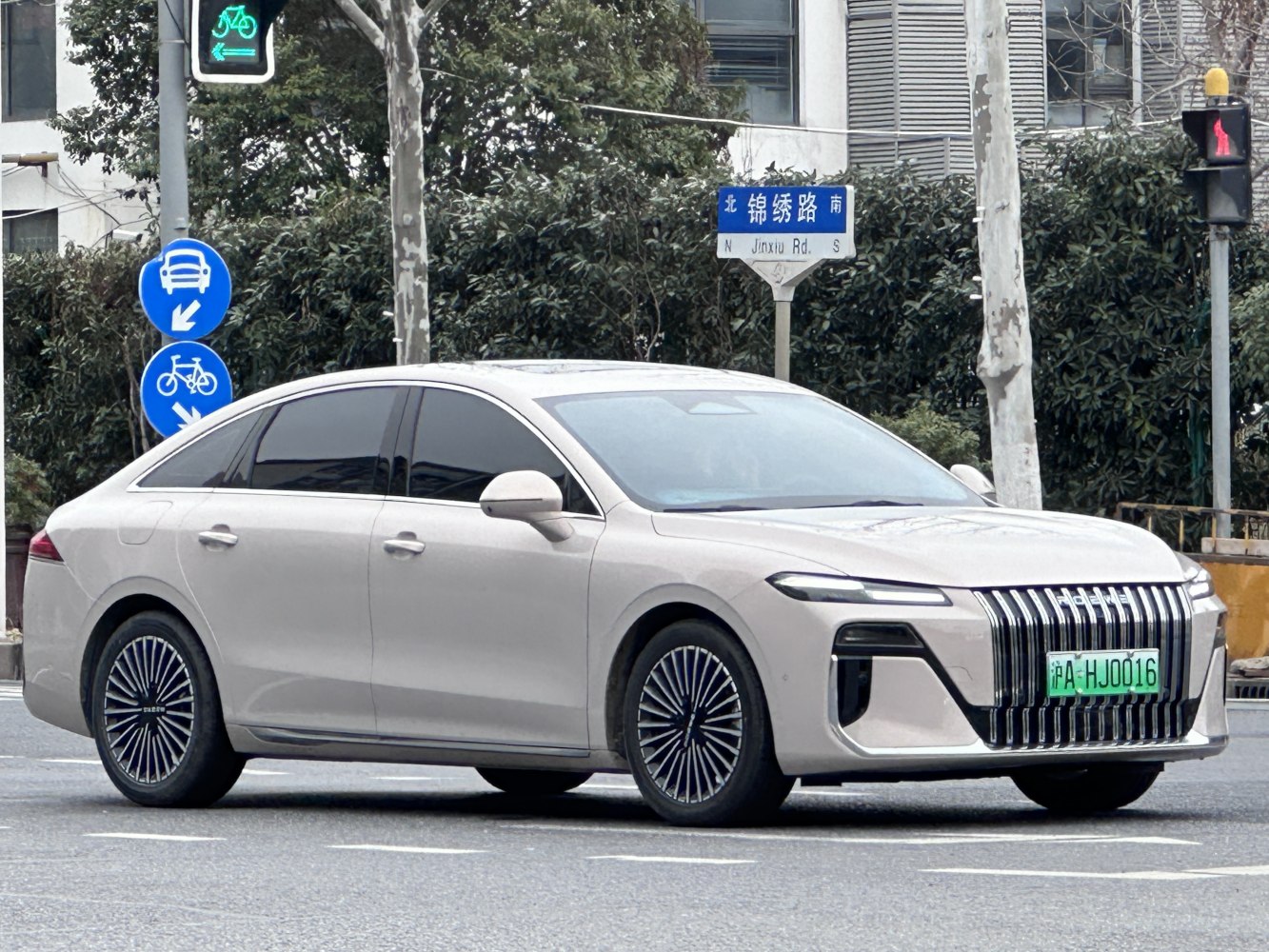 Luxury sedan with vertical grille and LED headlights