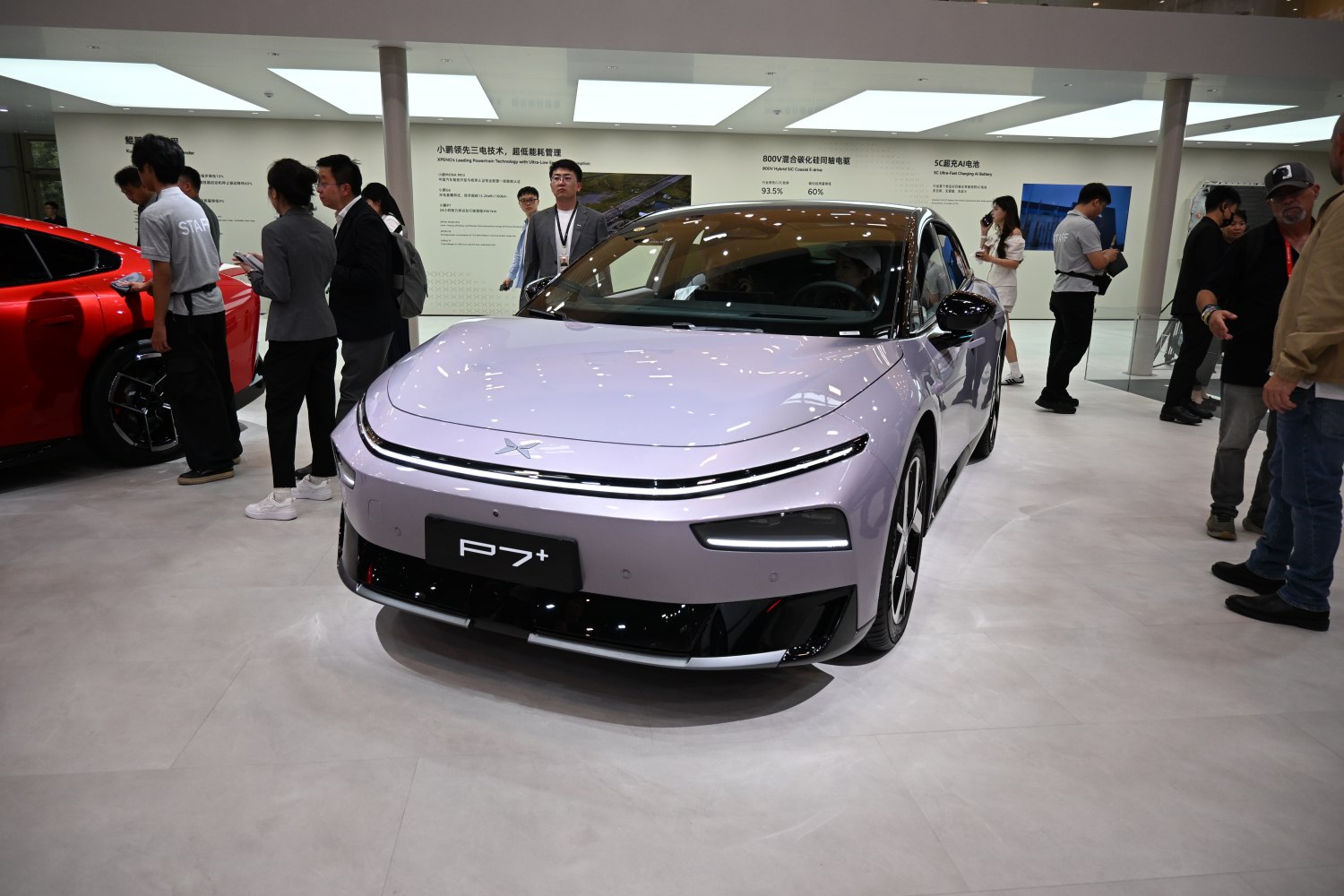Front view with sleek LED headlights and modern electric sedan design