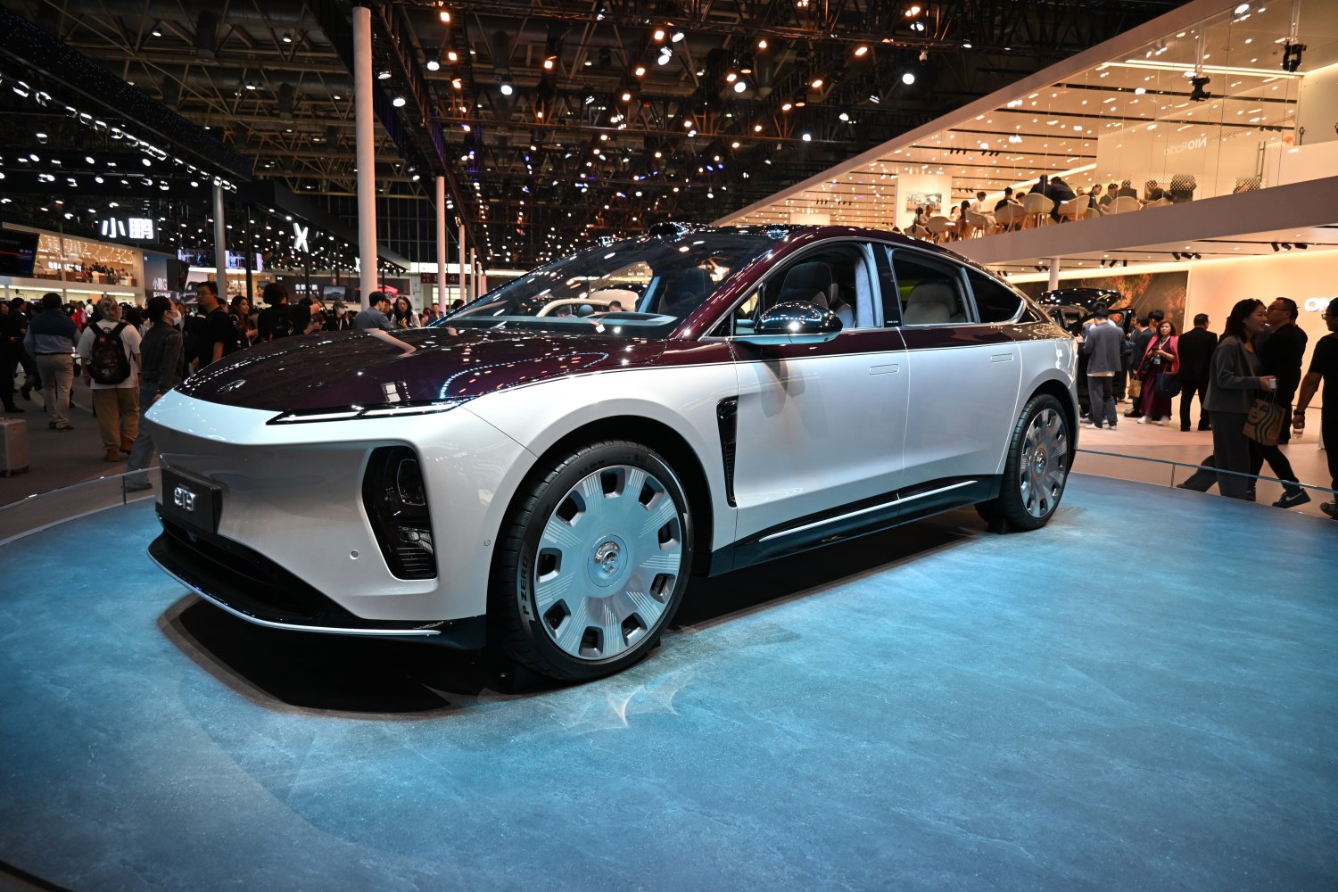 Sleek aerodynamic electric sedan with futuristic wheels