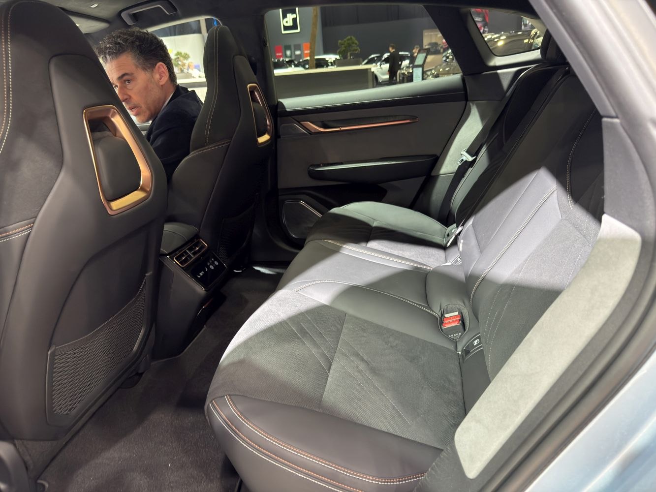 Rear passenger seat with leather upholstery and rear climate control panel