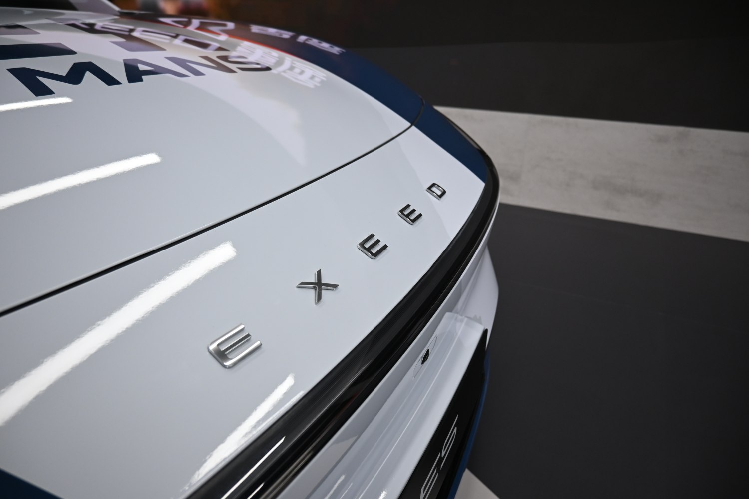 Close-up of rear badge on white Exeed Sterra ES