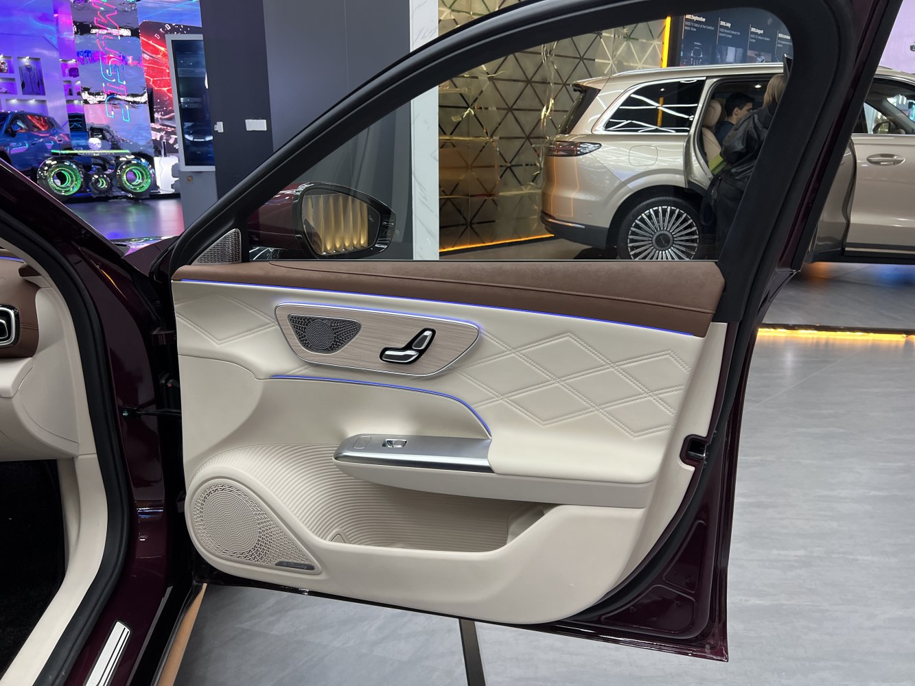 Quilted leather car door interior with ambient lighting and advanced controls