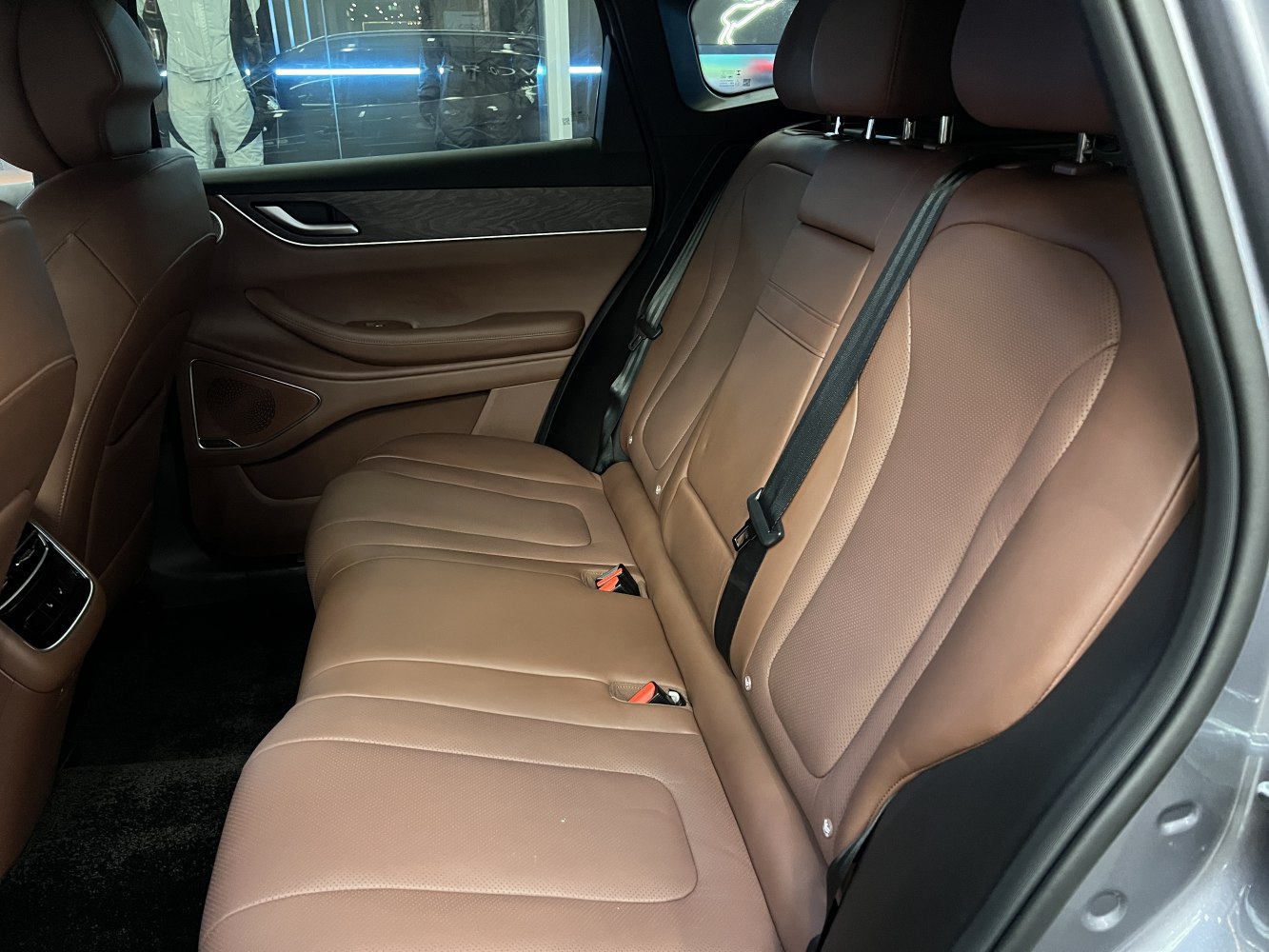 Brown leather rear seats and door panel with wood trim