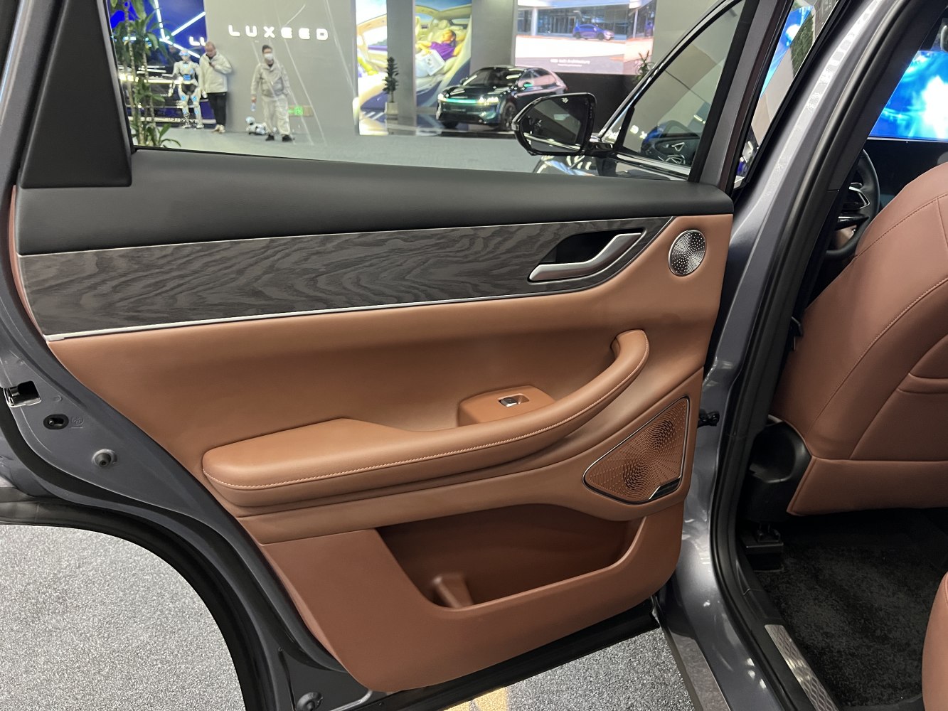 Brown leather door panel with wood trim and premium speaker grill
