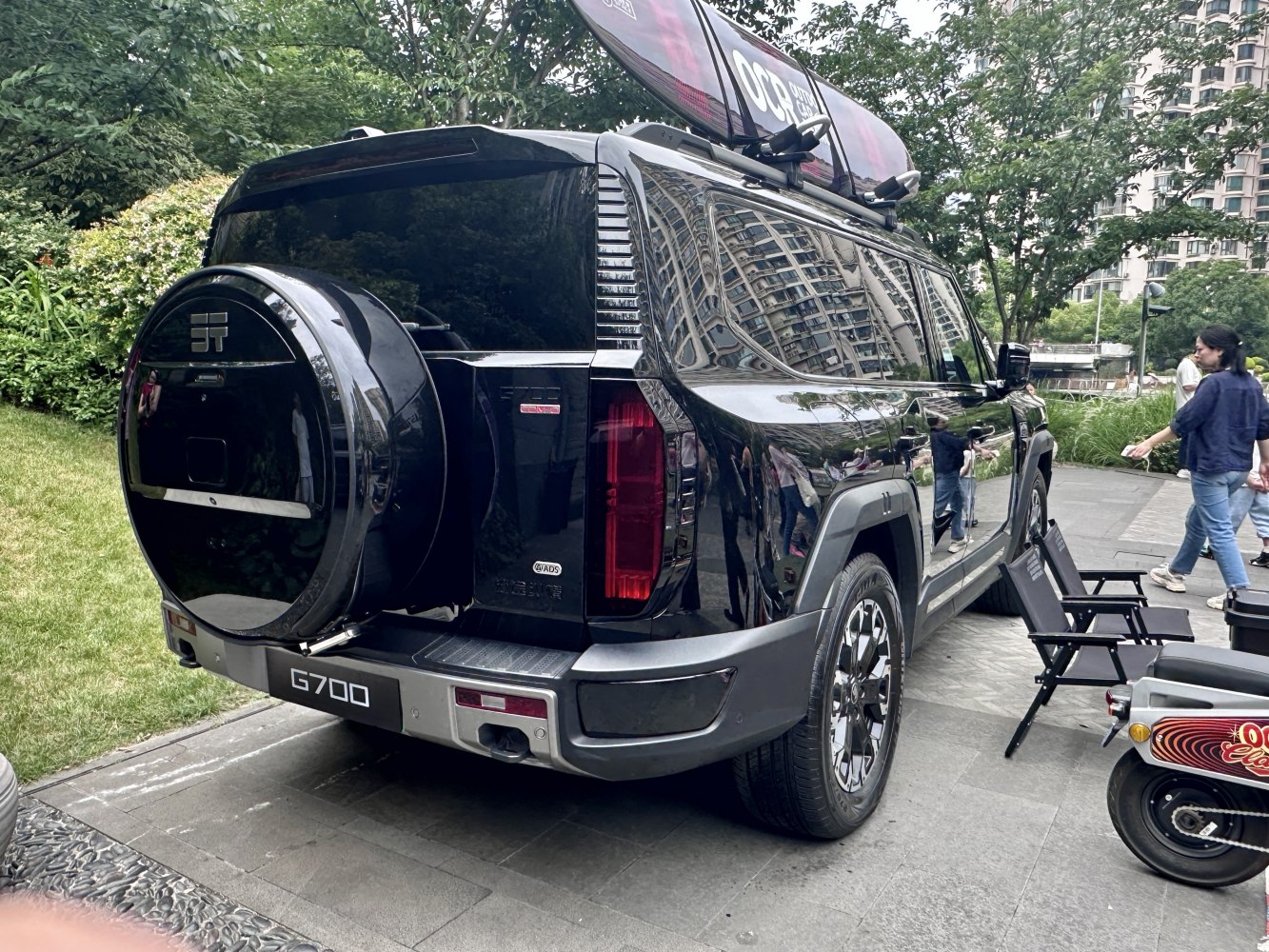 Rear and side view of SUV with spare wheel and roof rack