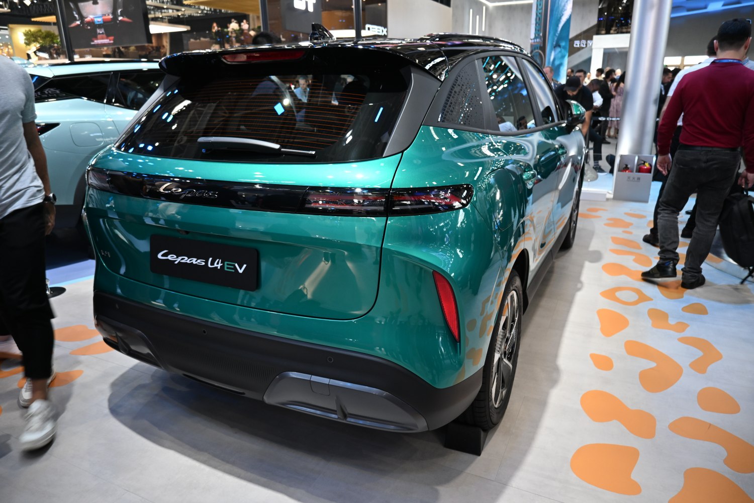 Rear view showing LED tail lights and rear hatch design