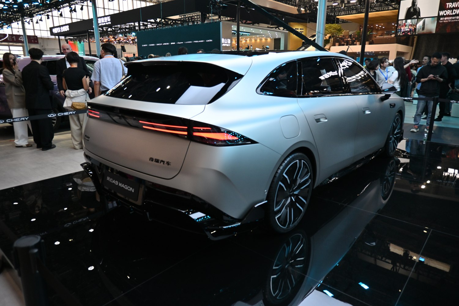 Rear view of sleek futuristic wagon with slim LED taillights and aerodynamic shape