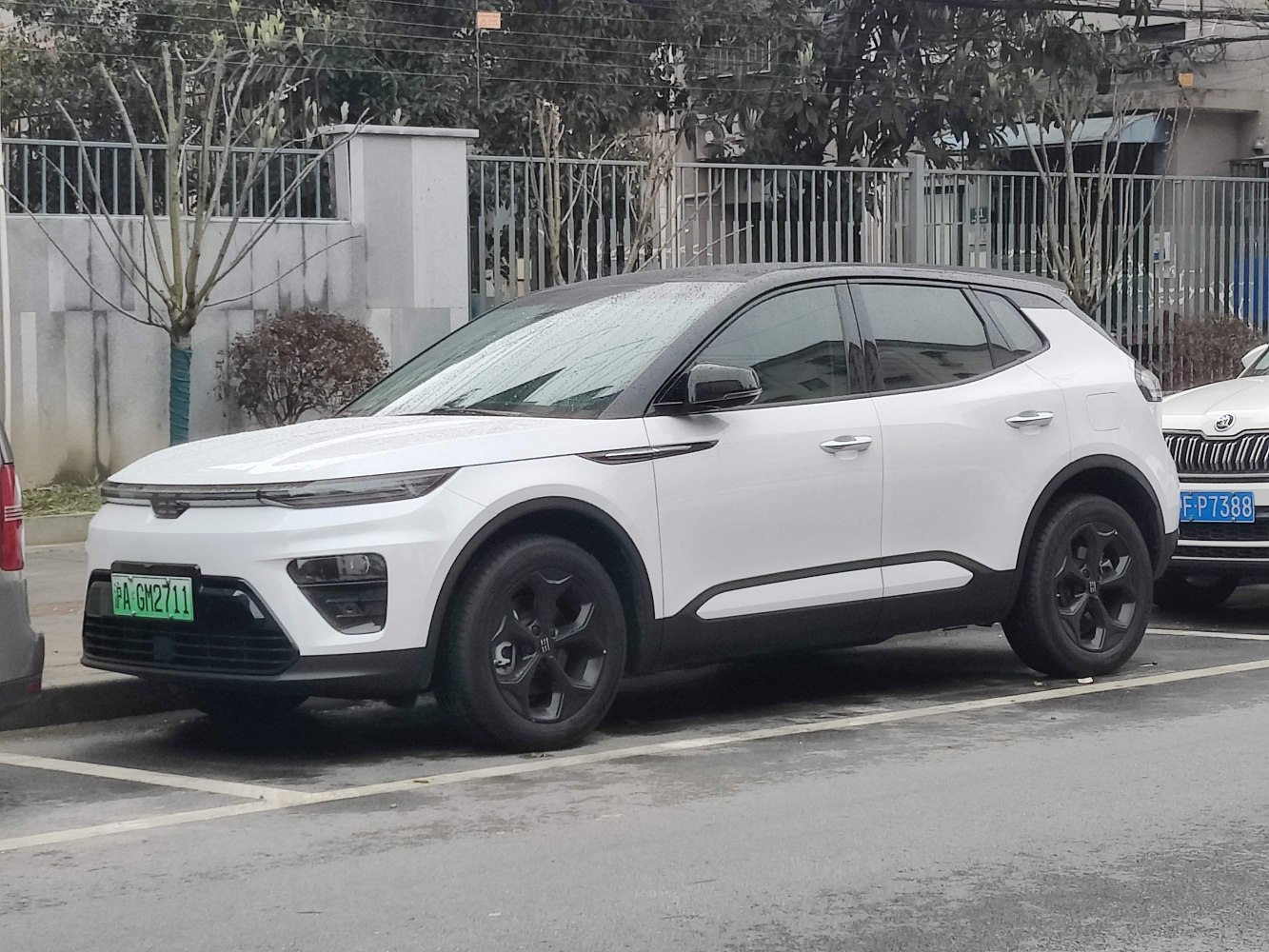 White electric SUV with sleek LED headlights and black contrast roof