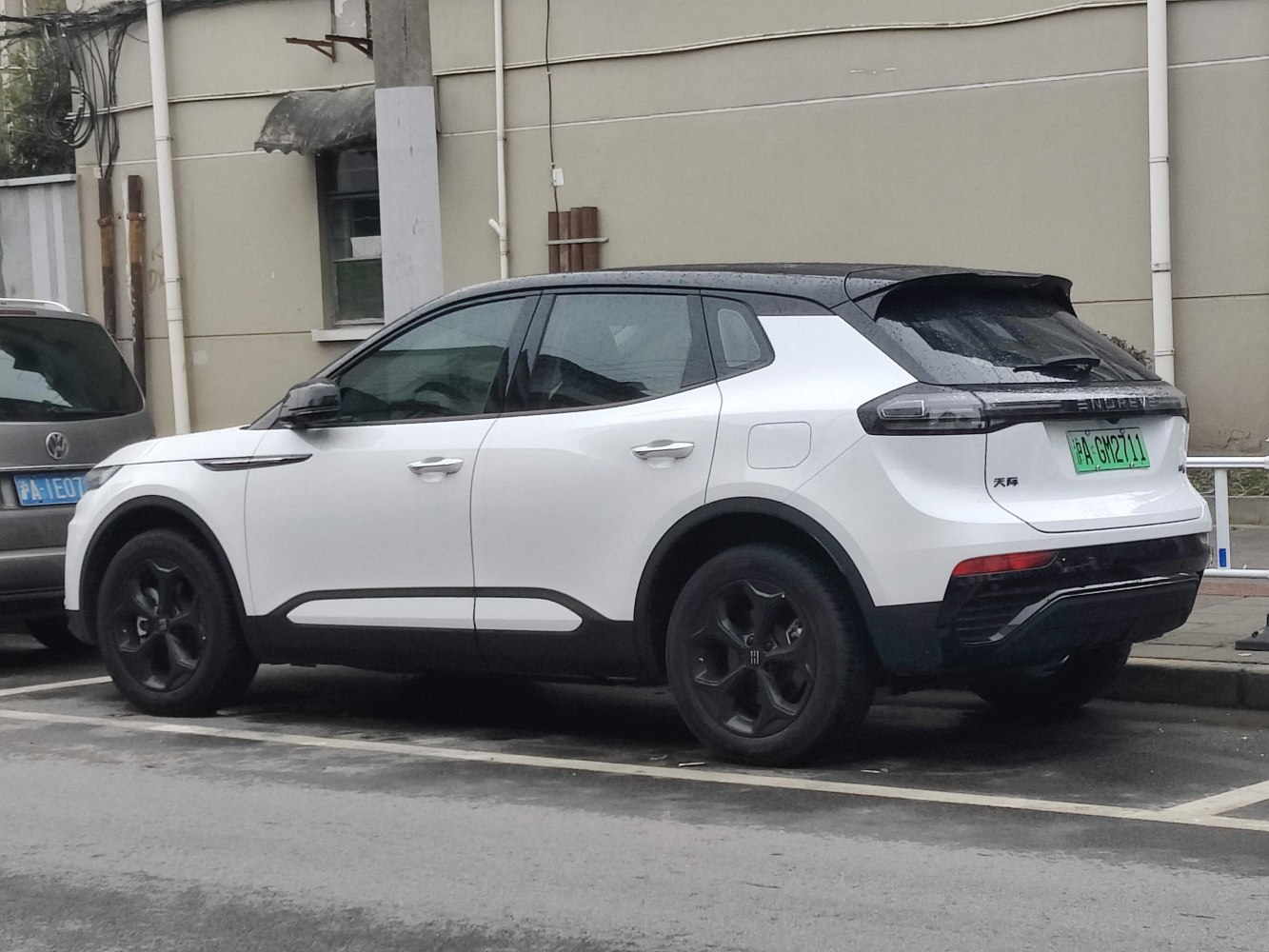 White electric SUV parked, black roof, prominent rear-side view