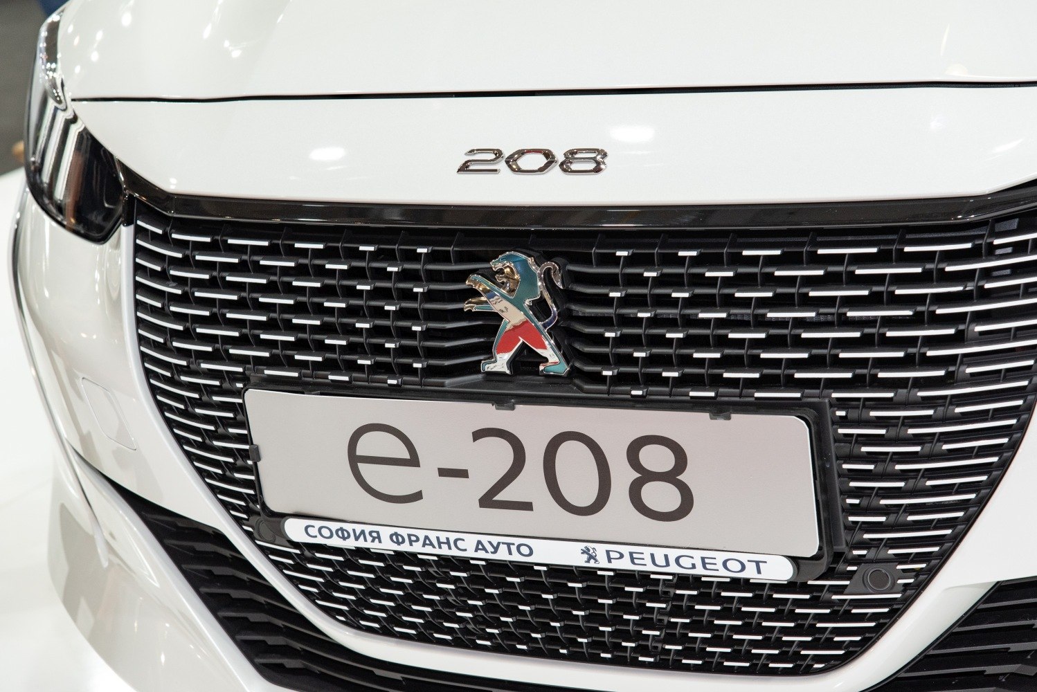 Close-up of Peugeot 208 II front grille with emblem and license plate e-208