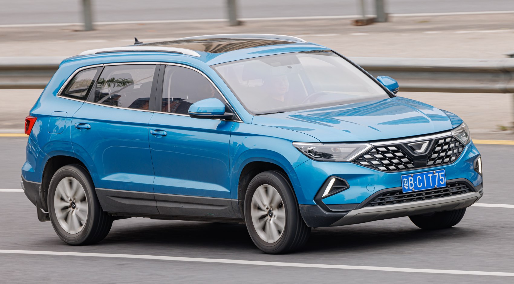 Blue SUV with distinctive grille and roof rails