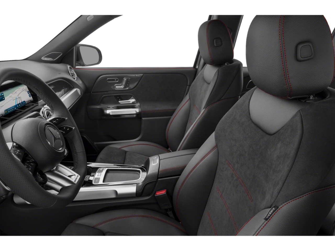 Black car seats with red stitching and modern dashboard